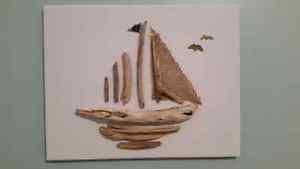 Handmade driftwood sailing boat picture