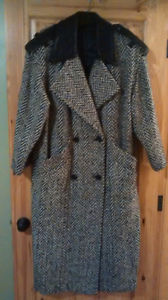 Ladies Black & White herringbone Winter Coat with Leather