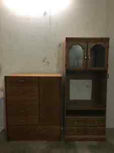 Teakwood Dresser + Maple Hutch with lighted cabinet.