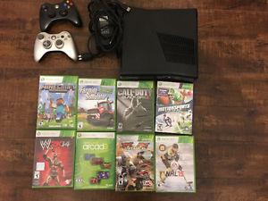 Xbox 360, two controllers, 8 games