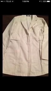 Size large lab coat and three sets of white scrubs