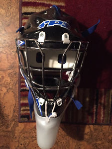 TPS goalie helmet with silver cage