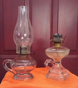 Two Queen Mary finger antique oil lamps