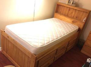 Wood bed (with bookcase headboard and drawers) with mattress