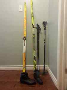 x-country skis, boots, and poles
