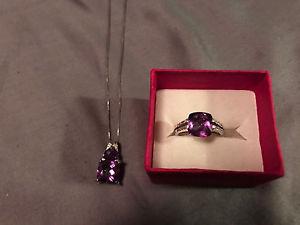 Gorgeous Amethyst Necklace & Ring Set 14K Solid White Gold