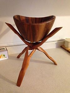 Vintage Teak Salad Bowl with Stand, Repurpose As Plant Stand