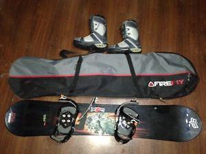  snowboard, bindings, boots and bag