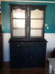 Blue solid wood hutch with chicken wire doors