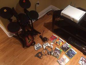 XBOX360 with 6 games, GH world tour set accessories