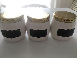 Three Storage Containers with Gold Lids and Chalkboard