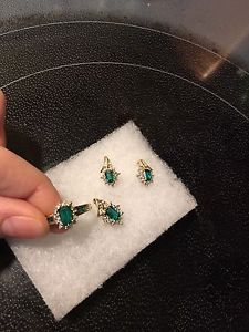 10k emerald and diamond ring, pendant and earrings