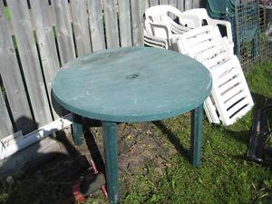 patio table, plastic chairs