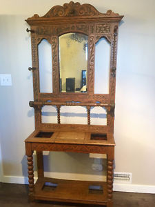 Antique Carved Wooden Hat Rack With Mirror