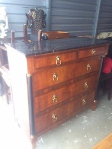 Burled Solid Wood Lion Handles Dresser With Marble Top