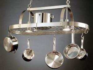 Hanging stainless steel pots and pans rack light