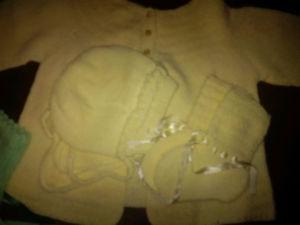 Yellow Knitted Baby Sweater, Bonnet and Booties