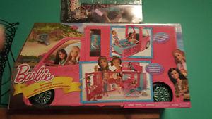 BRAND NEW BARBIE GLAM CAMPER AND 1 BRAND NEW PACKAGED BARBIE