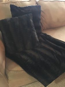 Black faux fur throw blanket and pillows $