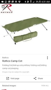 Camp cot, double folding chairs with table
