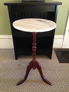 Vintage Wood with Marble Top Plant Stand, 12" Dia, 21.5"