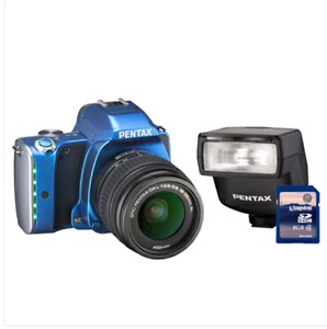 Pentax KS1 DSLR camera - blue with mm lens and flash