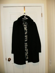 Black 3/4 length Winter Coat & Scarf, Sz L
