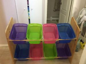Rack with storage bins
