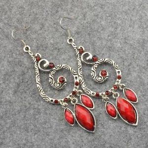 Tibet Silver Swarovski Crystal Red Dangle Earrings--NEW!
