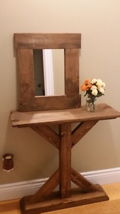 Rustic Wooden Table & Mirror Set