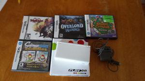 White DS Lite with charger, 4 games, game case with 7