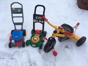 Tonka Tricycle bike and 2 toy lawn mowers