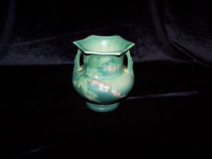 CUTE GREEN ROSEVILLE VASE WITH FLOWERS,MADE IN USA