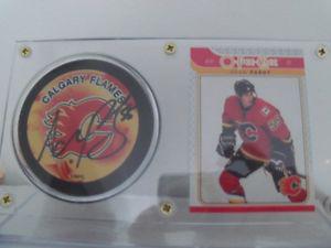 Signed Adam Pardy Calgary Flames puck with card w/Acrylic