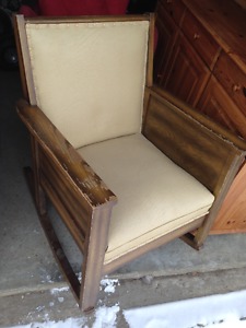 Vintage Antique Solid Wood White/Beige Leather Rocking Chair