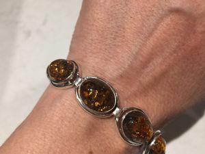 Oval Green/Yellow Baltic Amber Sterling Silver 7 " bracelet