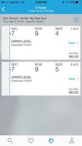 Two Eric Church upper level tickets