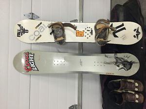 2 boards. 1 set of boots with bindings. 1 bag