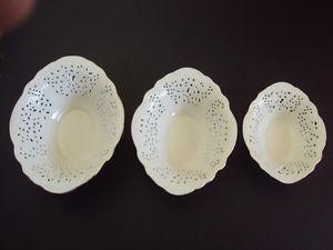 3 white bowls, gold color on rims 11” x 8 ¾”, 10 ¼”