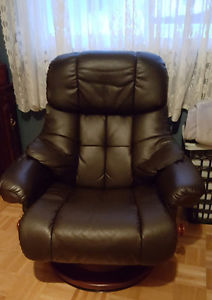 Dark brown recliner and stool