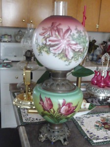 Large Beautiful Electrified Antique Double Globe Oil Lamp
