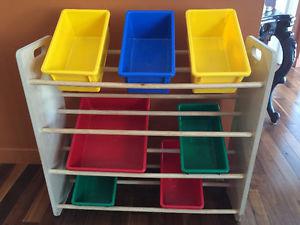 Storage bins and wooden stands for children's toys, crafts,