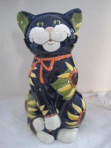 Ceramic Glazed Pottery Floral Cat Sitting Up Cat Vase