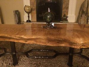 Custom hand forged coffee table with burl live edge wood top