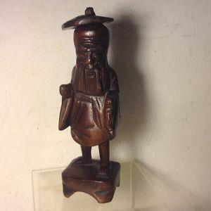 Vintage Carved Wood Smiling Chinese Oriental Statue Figure