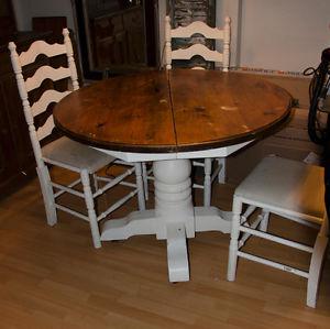 Dining table with four chairs, small desk/table and china