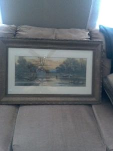Nice old frame with picture of cows grazing at a pond on a