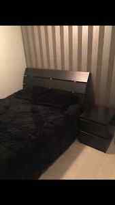 Queen bed frame, Serta Crofton mattress and 2 end tables