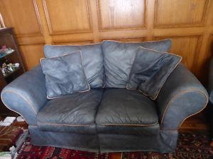 Blue Leather Loveseat and Chair