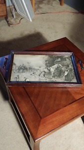ANTIQUE TRAY WITH PICTURE OF CAVALRY HORSES ETC.